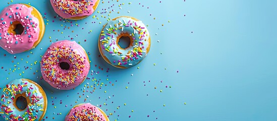 Poster - A blue background enhances donuts topped with colorful sprinkles, creating an appealing copy space image.