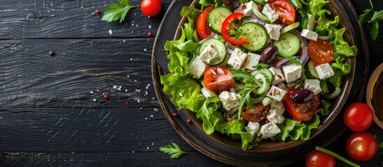 Aufkleber - Healthy Greek salad featuring cucumber, tomato, sweet pepper, lettuce, green onion, feta cheese, and olives drizzled with olive oil, in a top view copy space image.