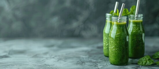 Aufkleber - Green smoothie with a metal straw in small bottles creating a healthy lifestyle concept on a gray backdrop with ample copy space image.