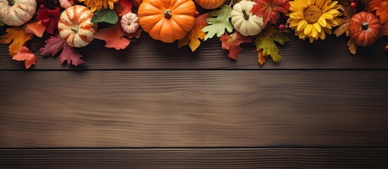 Poster - Thanksgiving theme with orange pumpkins, fall leaves, and flowers on a wooden table. Overhead view with room for text or image