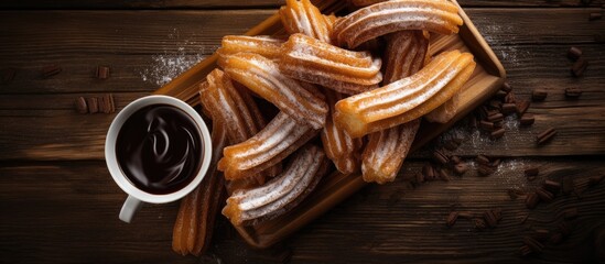 Poster - Top view of churros drizzled with chocolate sauce and sugar on a rustic wooden surface, with space for additional images.