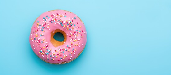 Canvas Print - Top view of a pink alarm clock shaped like a donut on a blue backdrop, suitable for breakfast time or minimalistic themes, with ample copy space image.