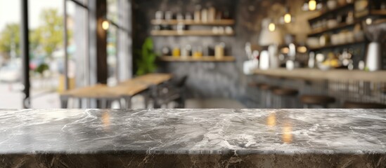 Poster - Empty table space with a grey Emperador marble stone tabletop on a blurred cafe minimal kitchen counter in a bright color mood for product display with copy space image.