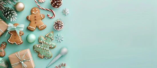 Poster - Minimal Christmas concept with a creative New Year layout featuring gingerbread, ornaments, and gifts on a pastel green background, ideal for a greeting card with copy space image.