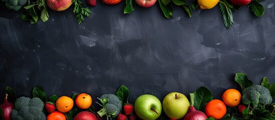 Poster - Fresh, nutritious fruits and vegetables displayed on a chalkboard with copy space image.