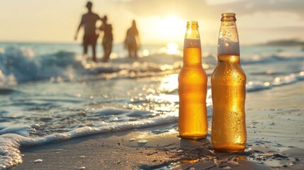 At the golden hour, two beer bottles rest on the beach sand while a family plays in the ocean, their figures silhouetted against the setting sun.