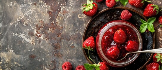 Poster - Top view of homemade strawberry jam in a glass jar presented with fresh berries on a plate, set against a weathered tile table, providing a close-up image with copy space.