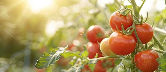 Aufkleber - Ripe red tomatoes growing in an organic greenhouse garden, suitable for harvest, with copy space image.