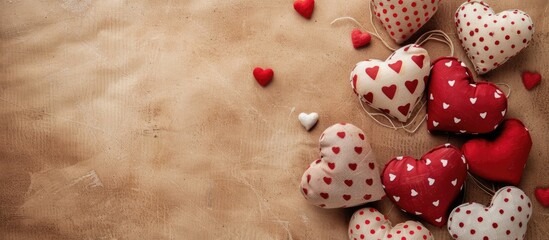 Poster - Top view of handmade hearts on a brown background in a Valentine's Day greeting card with ample copy space image.
