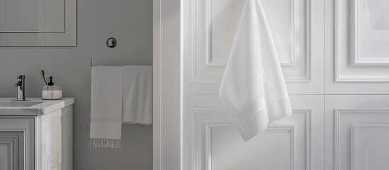 Poster - A white towel hangs on the bathroom door with a blank area available for displaying an image.