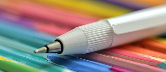 Aufkleber - Close-up of a white ballpoint pen amid school supplies with copy space image.