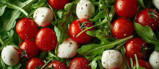 Poster - A Caprese salad featuring cherry tomatoes, mozzarella balls, spices, fresh rocket, and basil is a homemade, delicious, and nutritious vegetarian dish captured in a symbolic close-up copy space image.