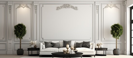 Poster - White stucco wall with defined contours complemented by a paneled ceiling in shades of gray and black, providing an elegant setting with copy space image.