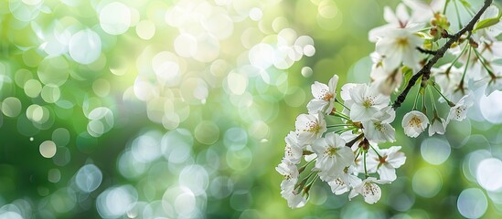 Poster - Springtime brings the enchanting sight of cherry blossoms blooming amidst lush greenery, creating a beautiful natural backdrop with room for a copy space image.