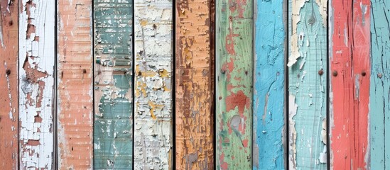 Poster - Vintage vertical wooden boards with peeling paint, creating a rustic backdrop for a copy space image.