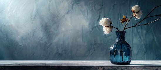 Poster - Side view of a dark blue glass bottle adorned with a cotton flower set against a white and black background with copy space image available.