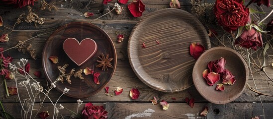 Poster - Valentine's Day-themed setup with heart-shaped gift box on rustic wooden plates, surrounded by rose petals and dried flowers, perfect for a copy space image.