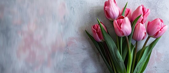 Poster - Tulip bouquet against a backdrop for a postcard with ample copy space image.