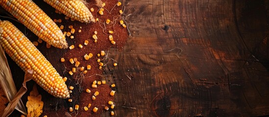 Wall Mural - Fresh uncooked maize cobs display on a dark wooden table, with a focus on the grains of ripe corn, creating a top view background shot with ample copy space image.