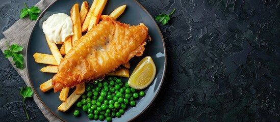 Poster - Top view of a classic British dish of fish and chips with green peas on a dark background, with space for additional content, illustrating British culinary tradition.