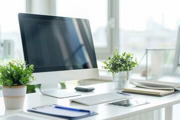Poster - Modern Workspace with Computer, Plants, and Accessories