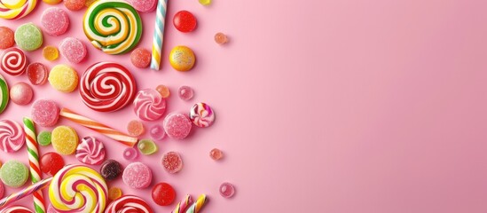 Sticker - Top view image of colorful candies and lollipops on a pink background with ample copy space.