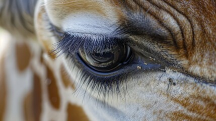 Poster -  A tight shot of a giraffe's eye, showcasing its intricate brown iris and surrounding white striped pattern