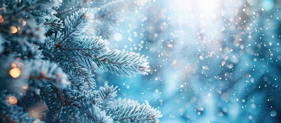 Aufkleber - Close-up image showcasing a wide blue winter Christmas nature background frame with snow-covered fir branches, a snowdrift, blurred forest, falling snow, and ample copy space included.
