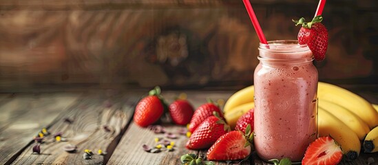 Poster - Copy space image of a tasty homemade smoothie with strawberries and bananas in a jar on a wooden backdrop.