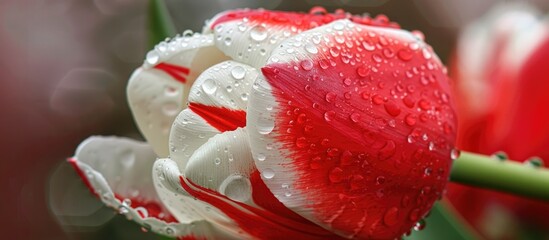 Poster - Macro photo of a red and white tulip with water droplets, ideal for postcards or templates with abundant copy space image.