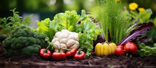 Aufkleber - Vegetables and herbs arranged in a garden bed with plenty of copy space image.