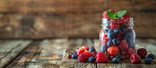 Aufkleber - A closeup shot of a glass jar filled with a fresh fruit and berry mix displayed on a wooden table with spilled berries around it in the copy space image.