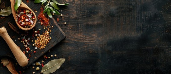 Poster - Neatly arranged marinated veggies and spices on a dark wooden backdrop with a laurel leaf, wooden spoon, and room for text in the image.