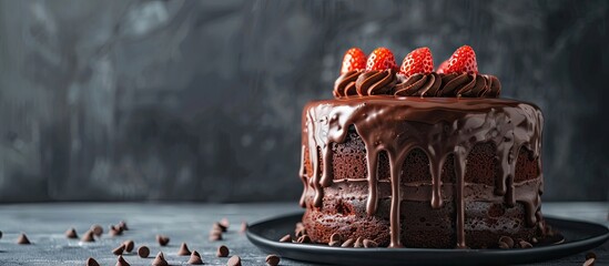 Poster - Birthday cake adorned with chocolate swirl ganache and a strawberry on top, set on a table with ample copy space image.