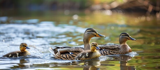 Wall Mural - Ducks from the Mallard family swimming in a pond with ample copy space image.