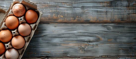 Aufkleber - Top view of organic farm chicken eggs with pepper in a cardboard box placed on a gray wooden table, creating a rustic composition with copy space image.