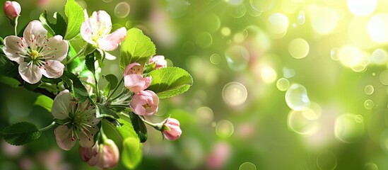 Poster - Apple blossoms in spring with a green background, perfect for a copy space image.