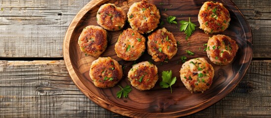 Sticker - Top view of roasted fish cutlets or patty on a wooden plate with a wooden background providing copy space image.