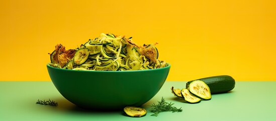 Poster - A bowl filled with shredded zucchini and fritter ingredients arranged against a bright backdrop, perfect for a copy space image.