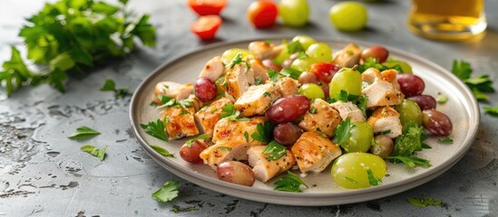 Poster - Plate with a delicious chicken salad, accompanied by juicy grapes, set on a table with a copy space image.