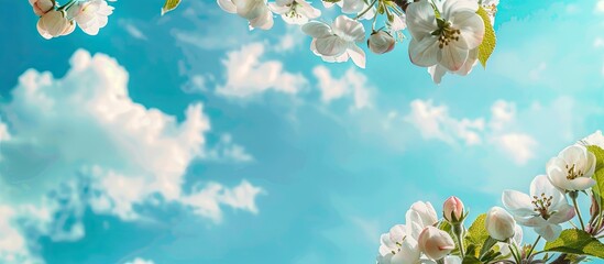 Poster - Blooming apple tree branches against a blue sky with clouds, showcasing large white buds - a spring symbol in a copy space image.