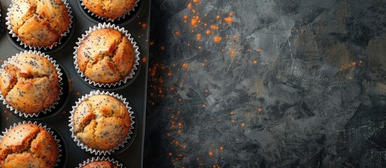 Poster - Dark background with tasty poppy seed muffins in a baking tin, perfect for a copy space image.