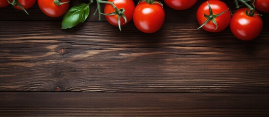 Wall Mural - Top view of fresh red tomatoes on a branch displayed on a dark brown wooden table with an oak texture, positioned on the left side, allowing for copy space image.