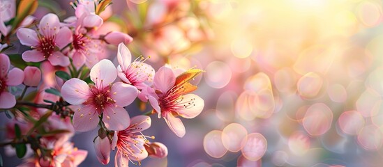 Poster - Pink almond blossoms blooming in spring with a blurred background ideal for a copy space image.