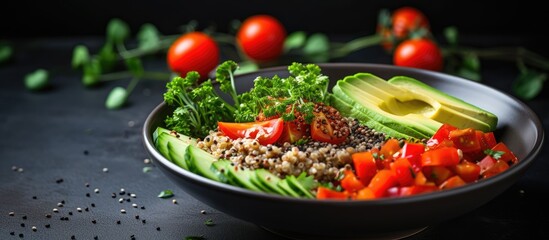 Sticker - A bowl featuring buckwheat, red and orange peppers, avocado, and herbs displayed on a dark surface with a focus on healthy eating and superfoods, perfect for a copy space image.