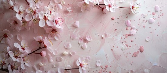 Poster - Cherry blossoms on a paper background with copy space image for text.