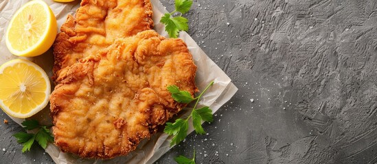 Poster - Top view of a Breaded German Weiner Schnitzel on a gray background, with space for text or other elements in the image.