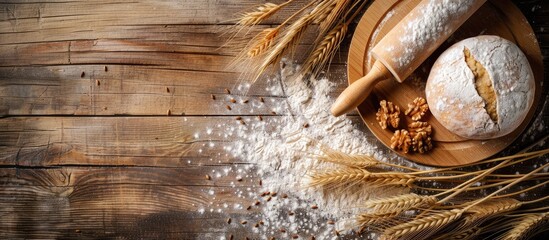 Poster - Wooden table features dough and rolling pin surrounded by whole grain flour, creating a rustic setting with copy space image.