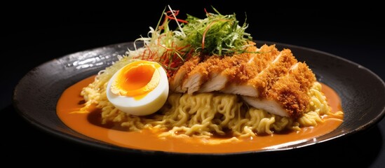 Poster - Chicken katsu atop cheese ramen, presented on a grey backdrop with copy space image.
