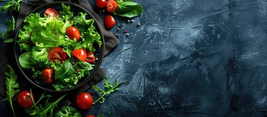Poster - Healthy food like a fresh vegetarian salad with greens and vegetables presented on the table, featuring a copy space image.